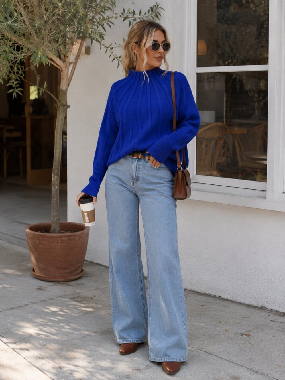 Miss Sparkling Royal Blue Ribbed Mock Neck Dolman Sleeve Sweater
